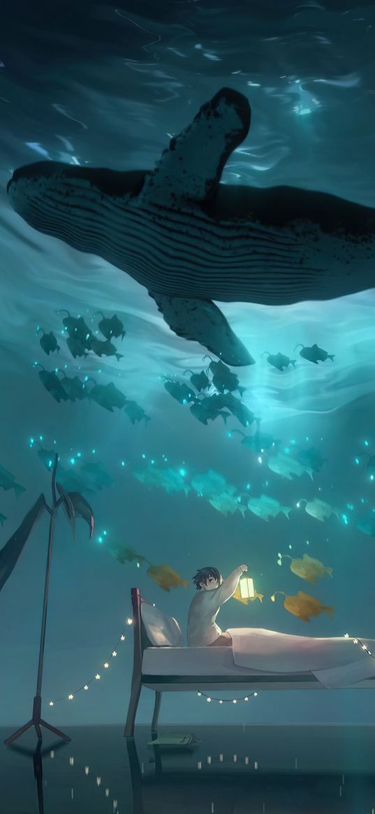 boy, lantern, bed, garland, whale, fish, sea, depth, dream, anime, art