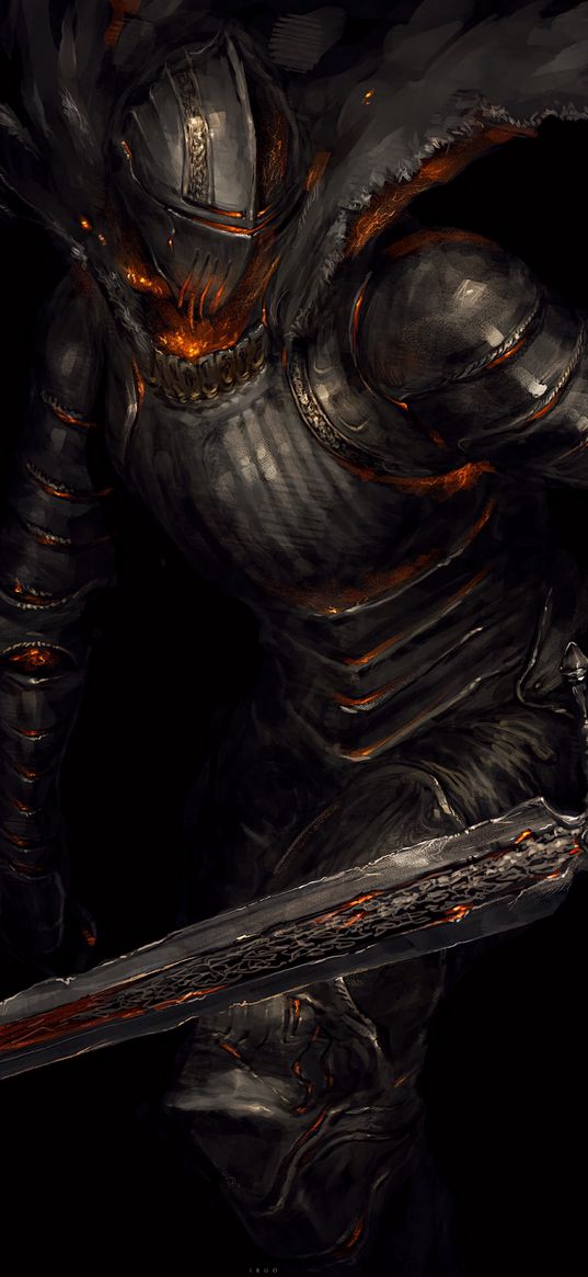 dark souls, game, character, knight, armor, sword, flame, dark background, art