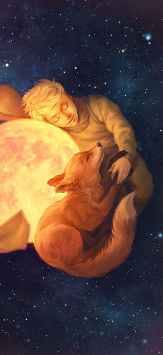 little prince, fairy tale, boy, fox, moon, stars, cosmos, art