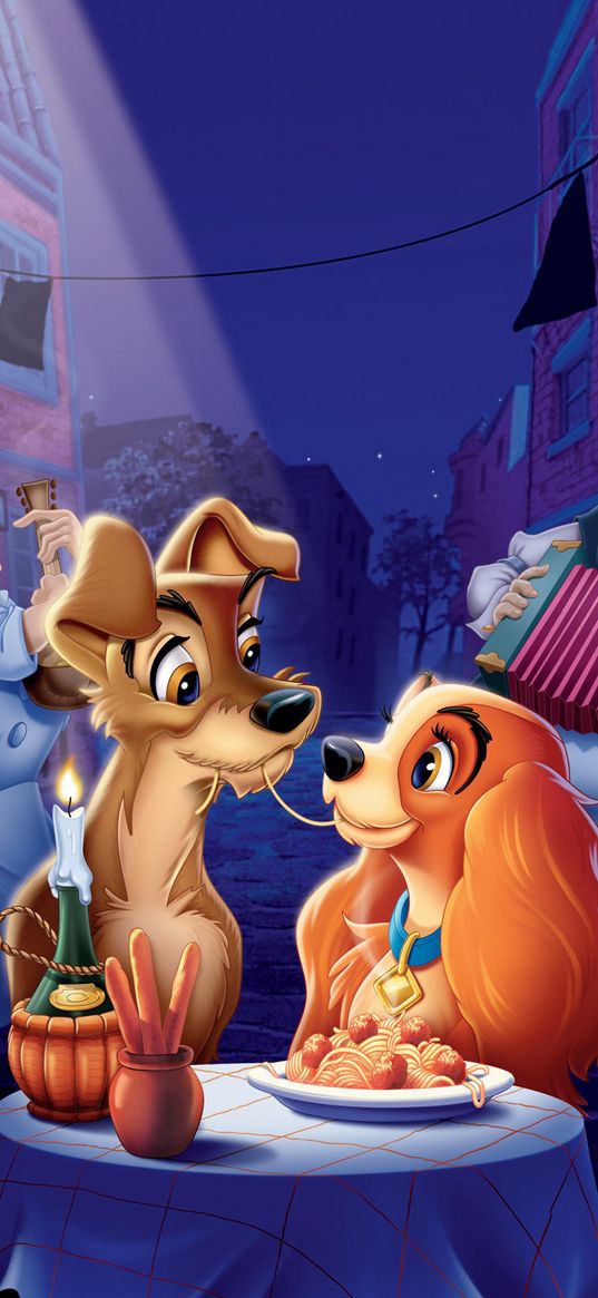 lady and the tramp, cartoon, dogs, couple, dinner, romance, street, night, art