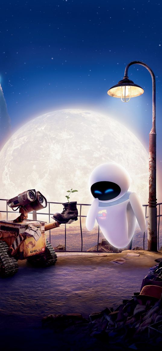 wall-e, eva, cartoon, robots, couple, flower, love, romance, moon, lantern, rocket, night, art