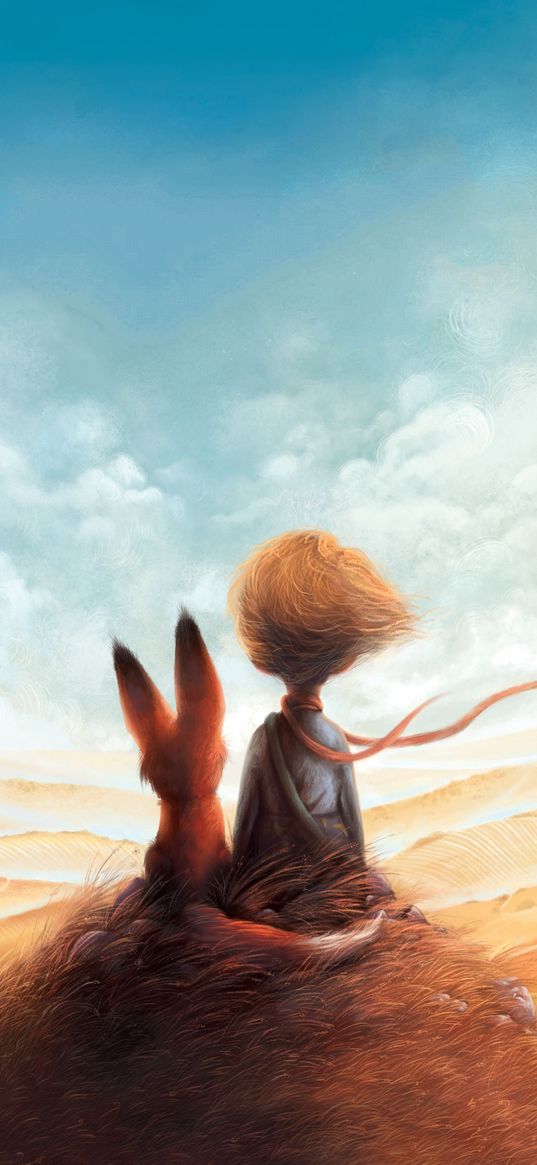 boy, fox, little prince, fairy tale, hills, clouds, sky, art