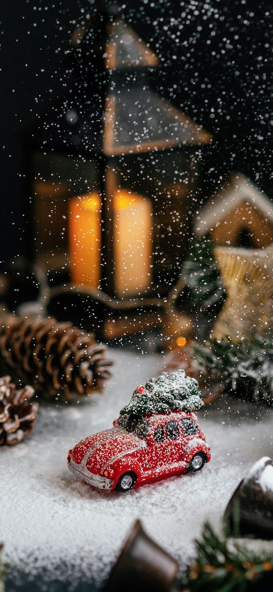 car, toy, christmas tree, cones, candle, snow, christmas decoration, new year, christmas, holiday