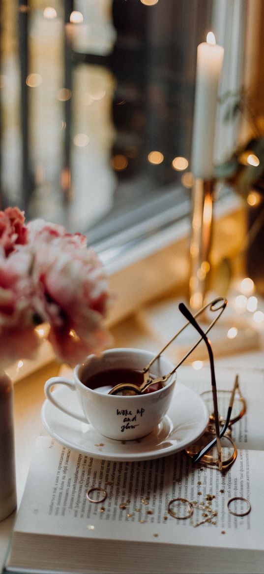 tea, drink, cup, flowers, candles, objects, book