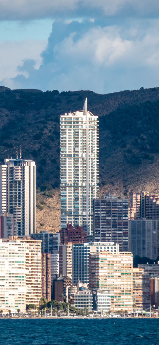 buildings, houses, mountains, sea, embankment, city