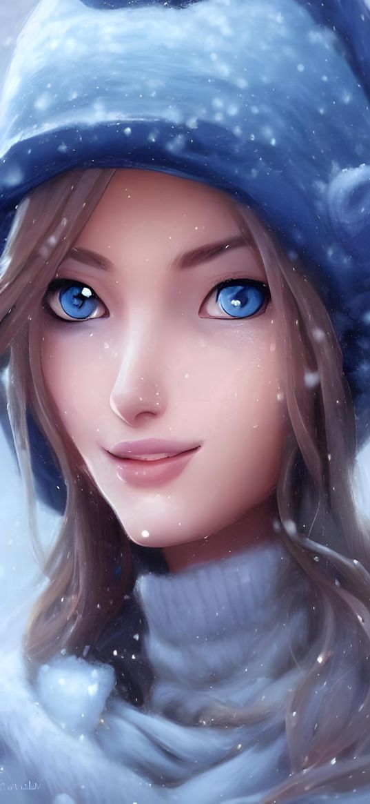 blue eyes, girl face, cap, winter, snow, ai