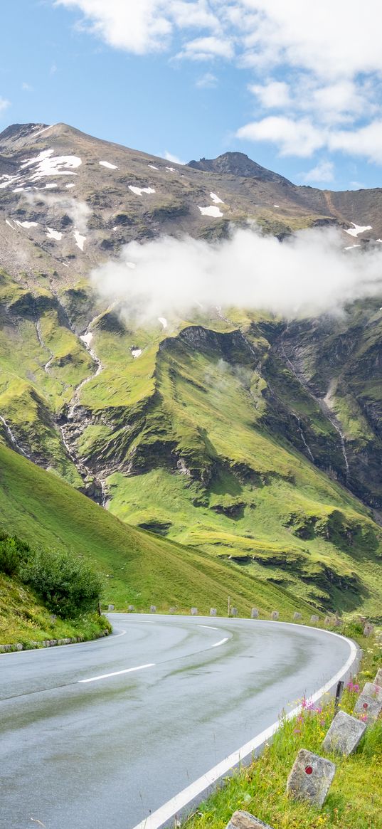 road, turn, mountains, relief, clouds, grass