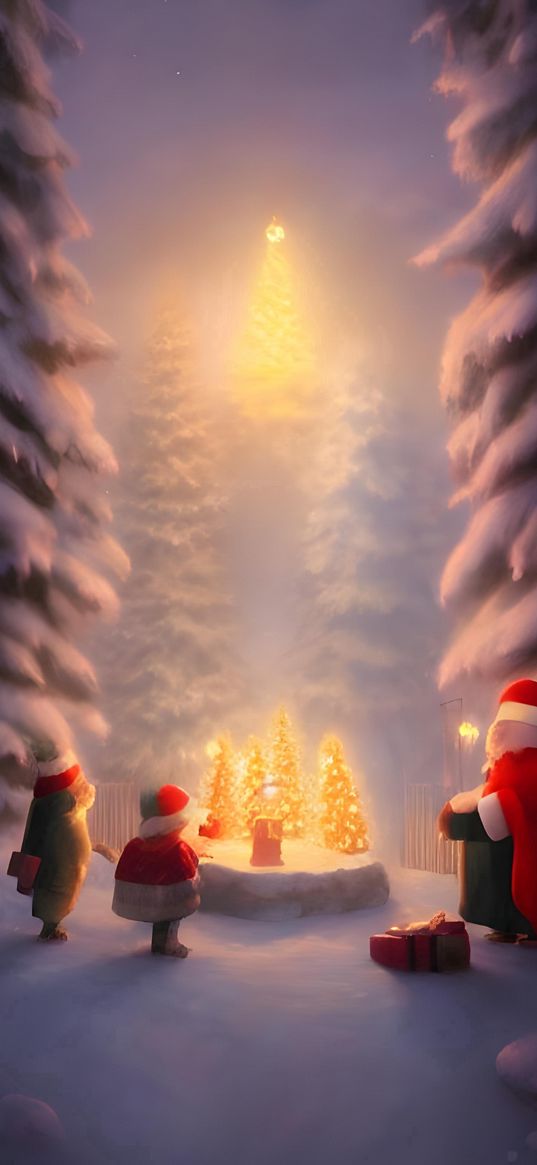 new year, santa, christmas tree, santa claus, forest, winter, snow, ai