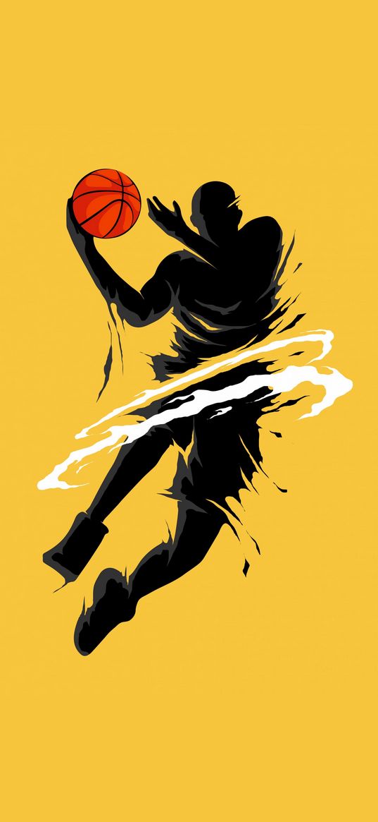 basketball player, ball, silhouette, smoke, yellow background, art