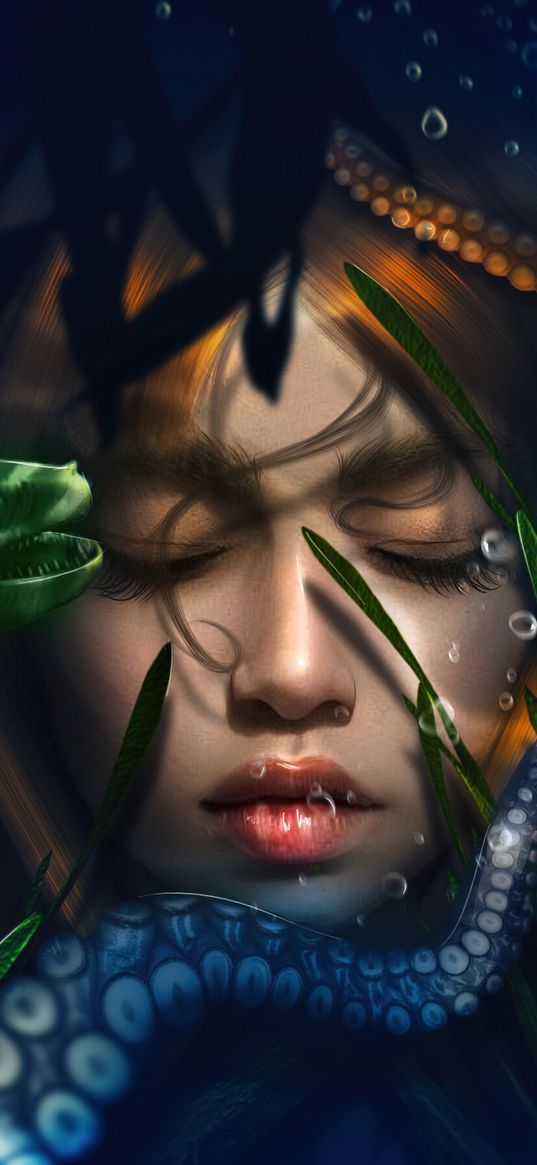 girl, face, underwater, eel, tentacle, jellyfish, algae, digital art