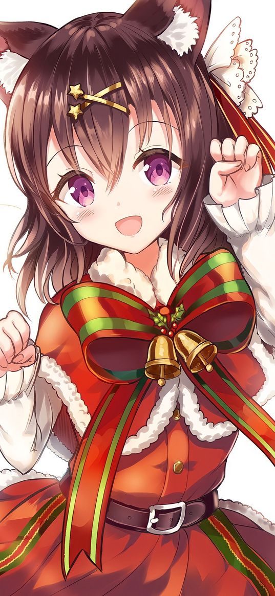 girl, anime, art, ears, christmas outfit, bells