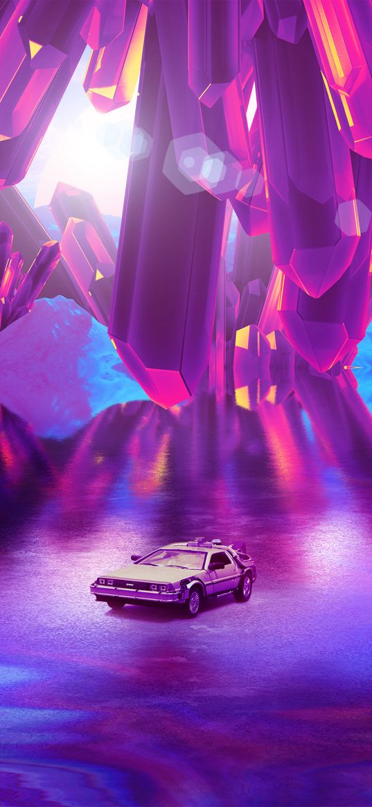 dmc, car, back to the future, purple, crystals