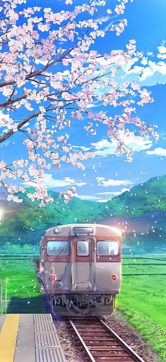 train, platform, sakura, tree, nature, art