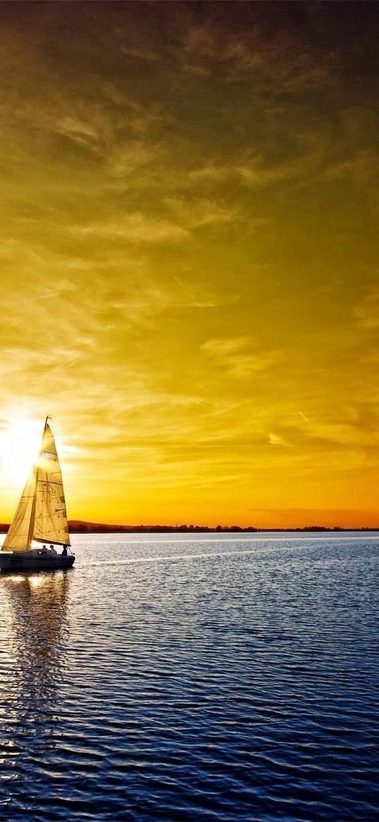 sailing vessel, decline, orange, sea, lonely