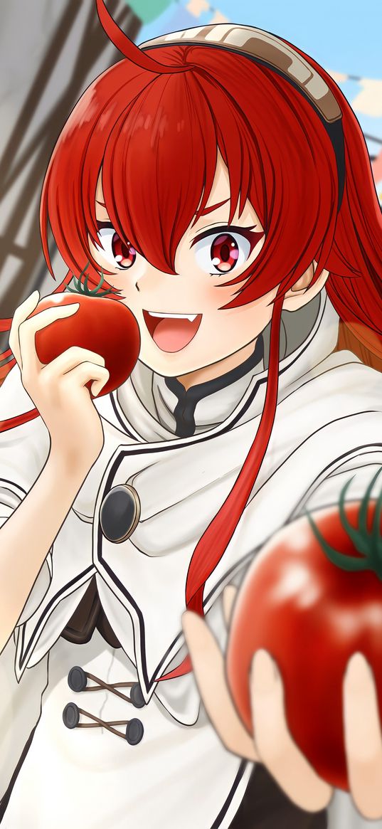 girl, anime, art, tomatoes, food, gesture