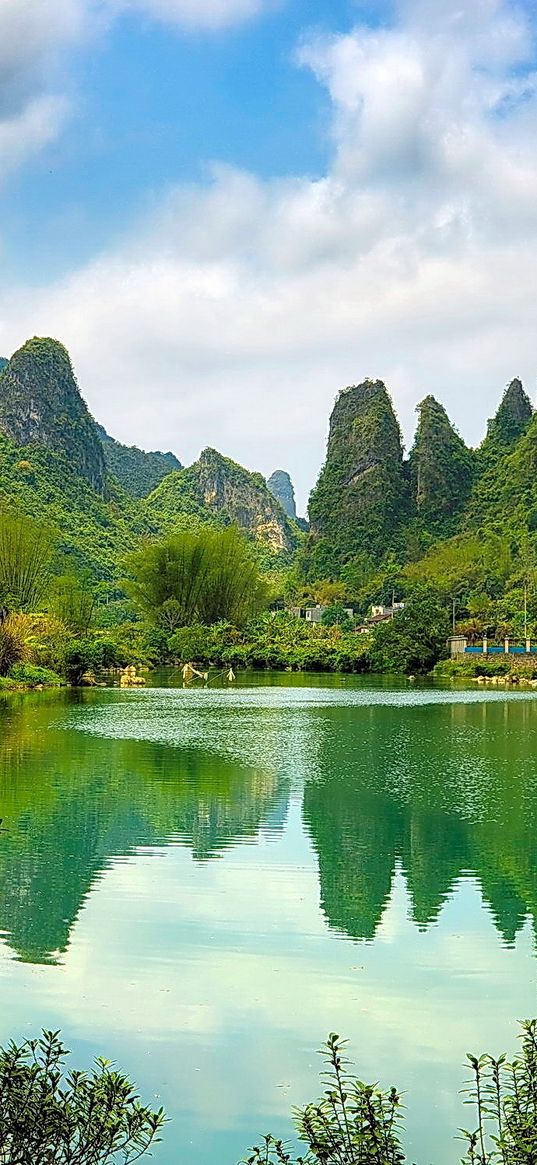 china, pond, coast, water, surface, mountains, woods