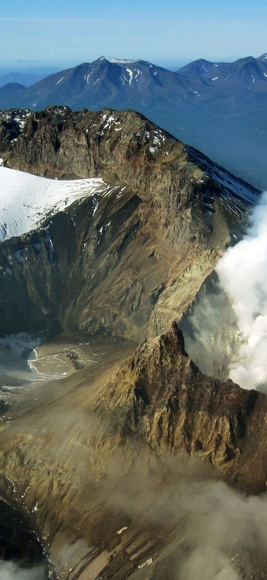 volcano, kamchatka, russia, mountains, smoke, snow