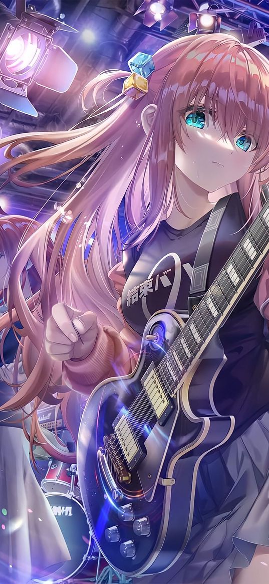 hitori goto, bocchi the rock, anime, girl, guitar, stage, art