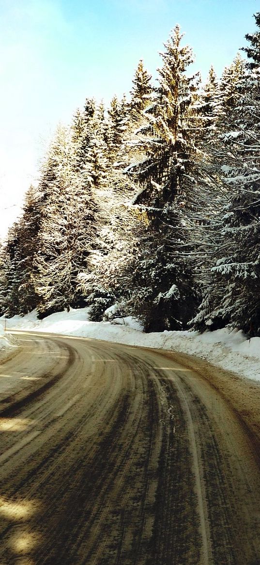 road, turn, winter, snow, trees, hoarfrost, slush, dirt