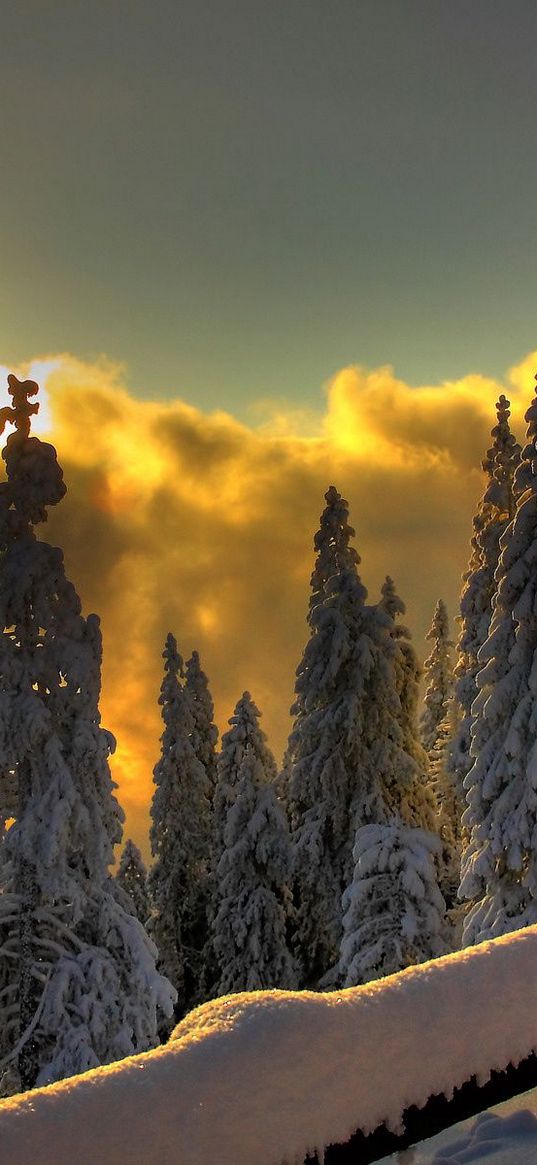 protection, sun, patches of light, snow, wood, mountains, clouds, gleams