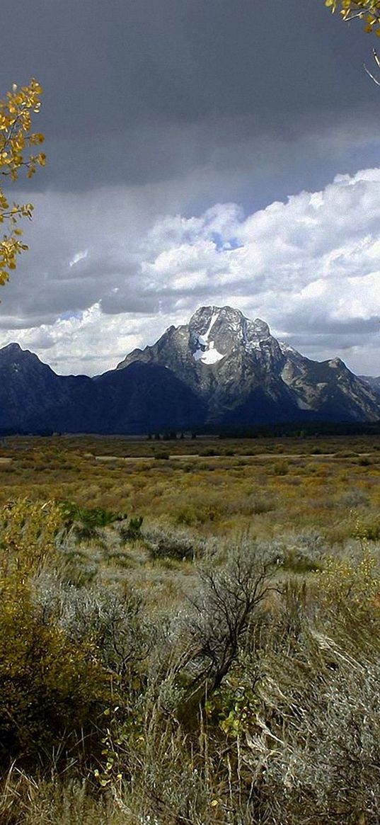 mountain, distance, autumn, trees, field, sky, clouds, grass, faded