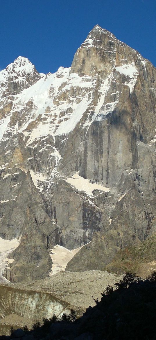 mountain, peak, top, gray, light, shadow, snow, solarly