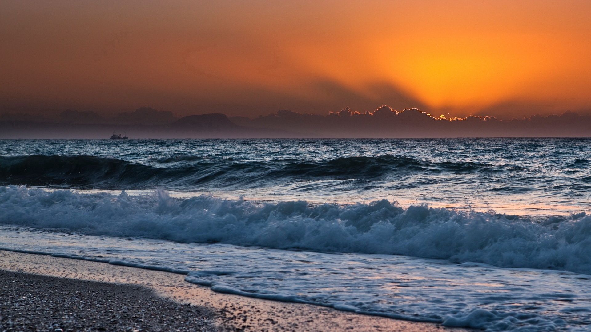 sea, sun, decline, orange, waves, noise, surf, cloudy, horizon, line