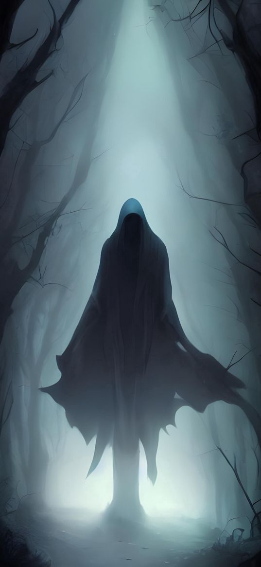 nn_vanillasky, ai artist, dark angel with dark cloaked face standing in a dark forest, art