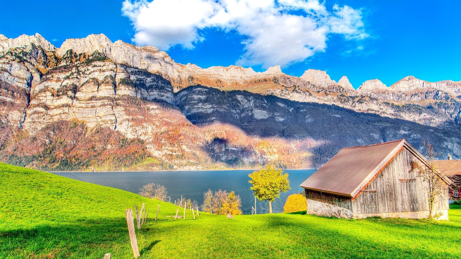 lodge, mountains, lake, fence, brightly