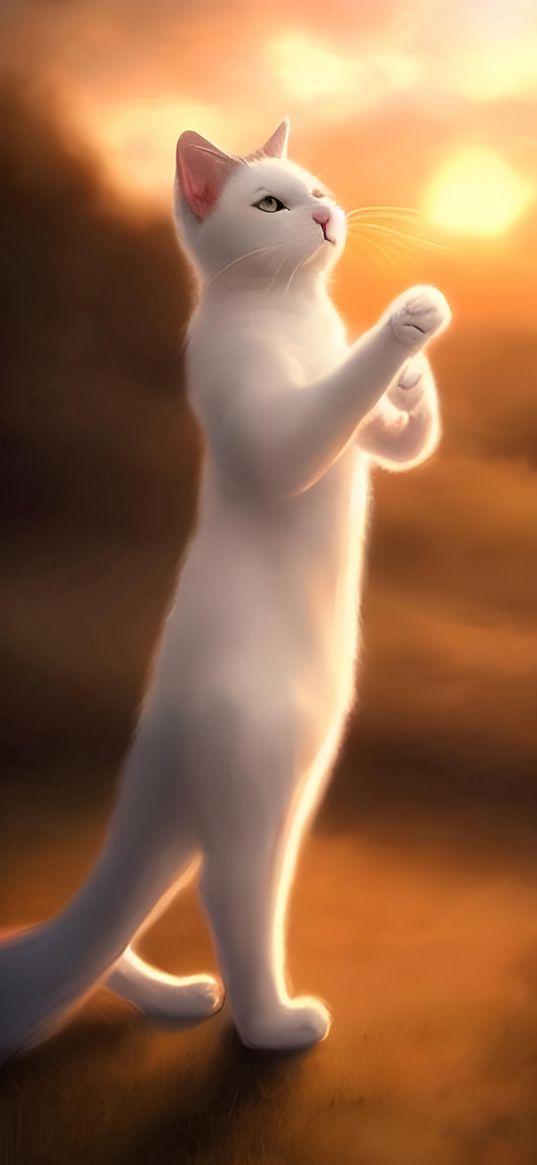 nn_vanillasky, ai artist, beautiful white cat dancing at sunset, art