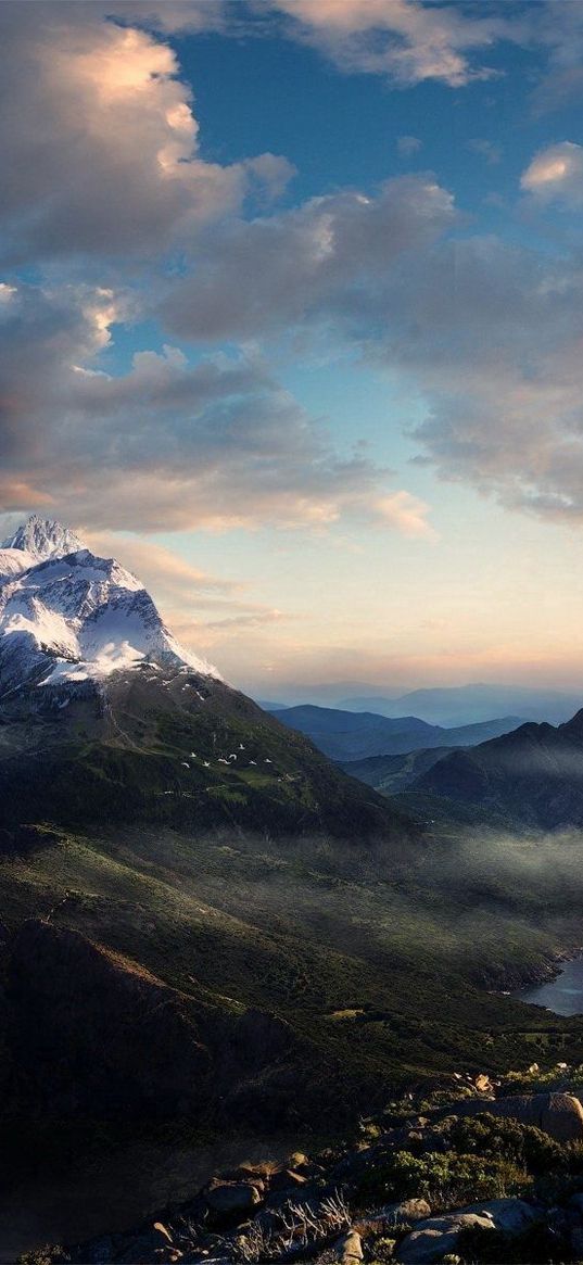 mountains, height, clouds, tranquillity