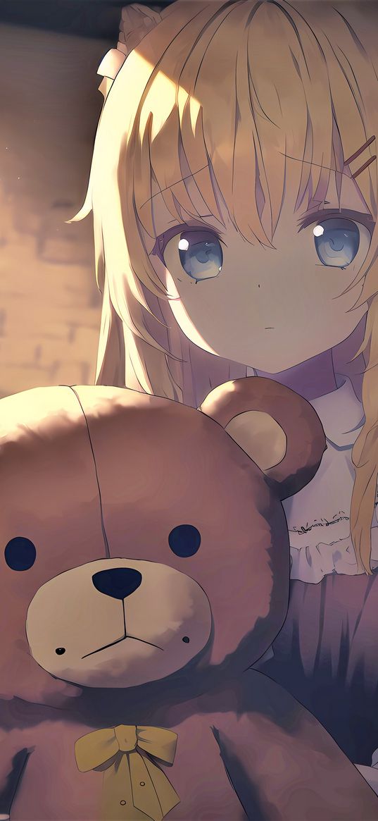 girl, teddy bear, sadness, anime