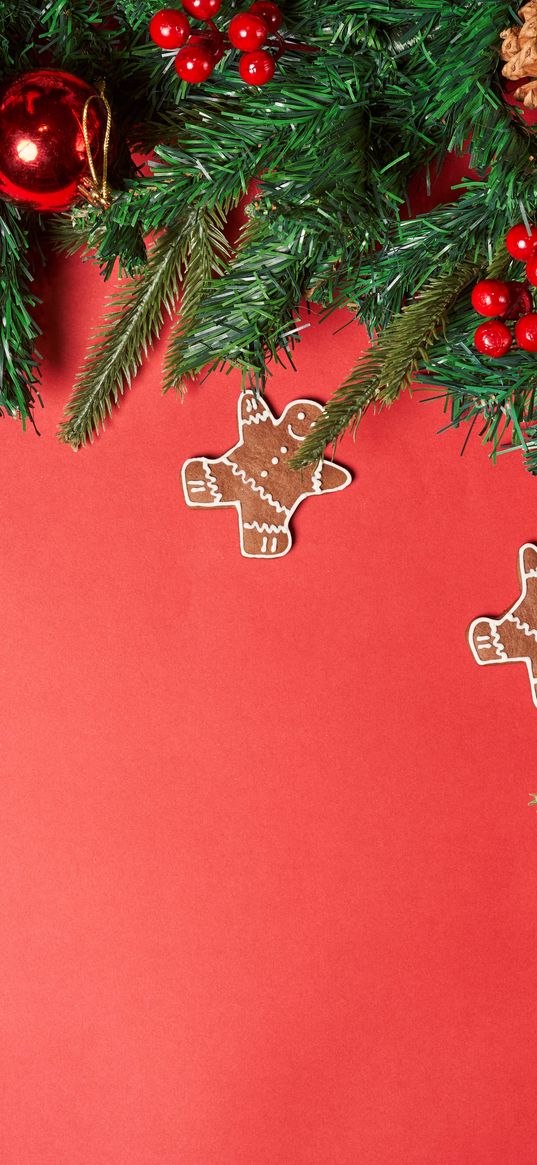 needles, decorations, gingerbread, background, red, new year, christmas