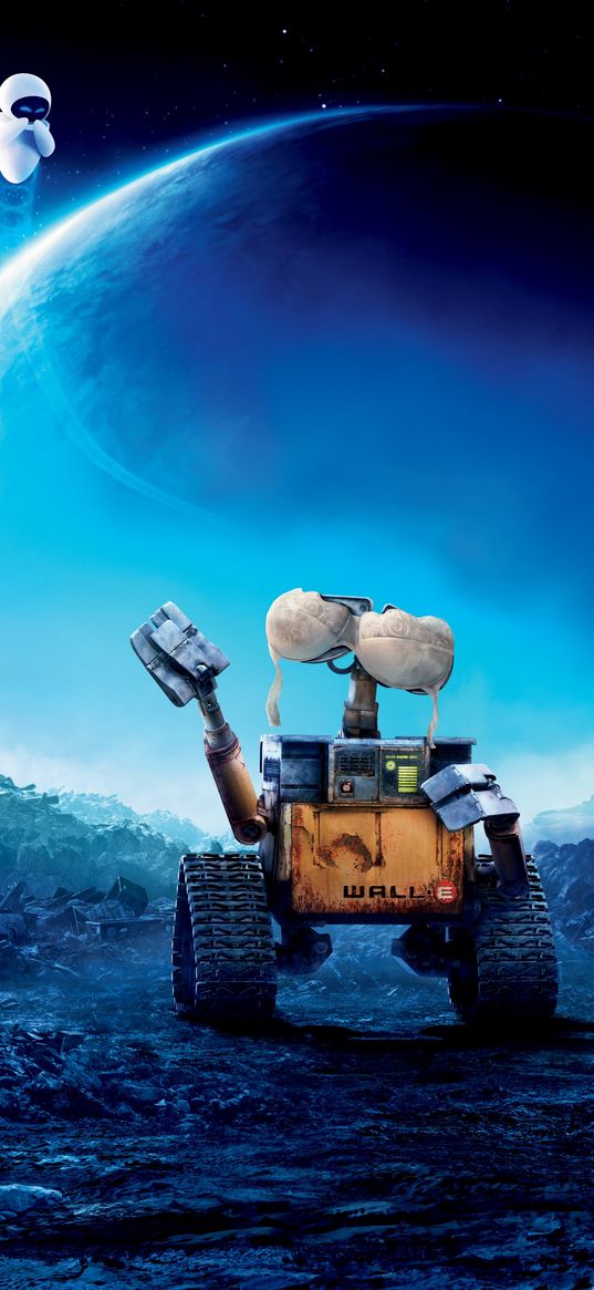 wall-e, eva, cartoon, robots, couple, funny, bra, ruins, planet, art