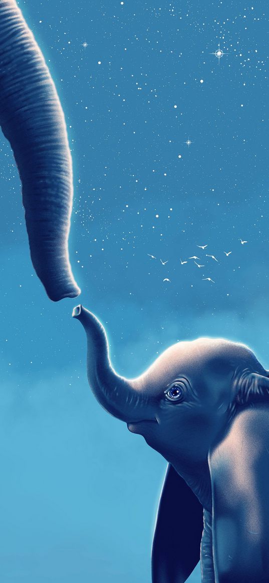 dumbo, cartoon, elephant, baby elephant, trunk, stars, sky, art