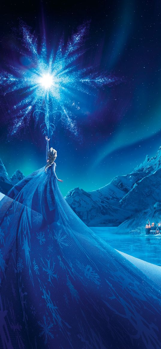 elsa, frozen, cartoon, sorceress, girl, snowflake, magic, castle, mountains, snow, night, winter, art