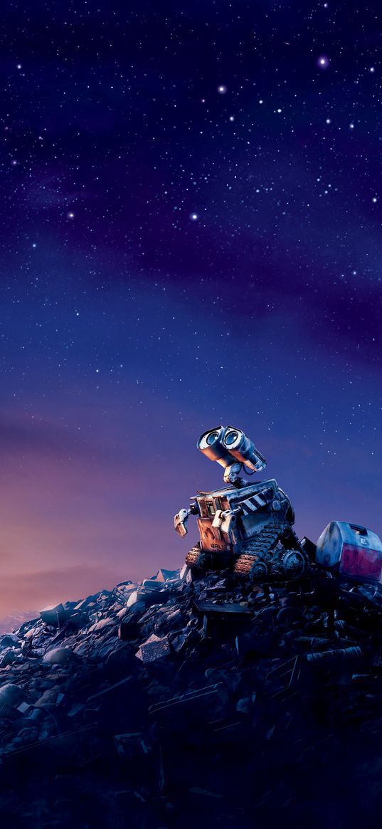 wall-e, cartoon, robot, sad, dump, starry sky, art