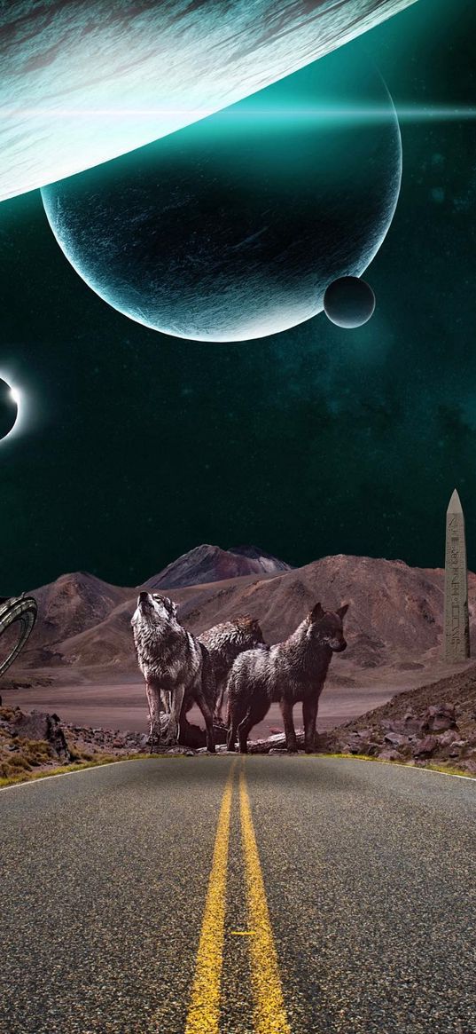 wolves, road, mountains, savannah, monument, spaceship, planets, space, fiction, art