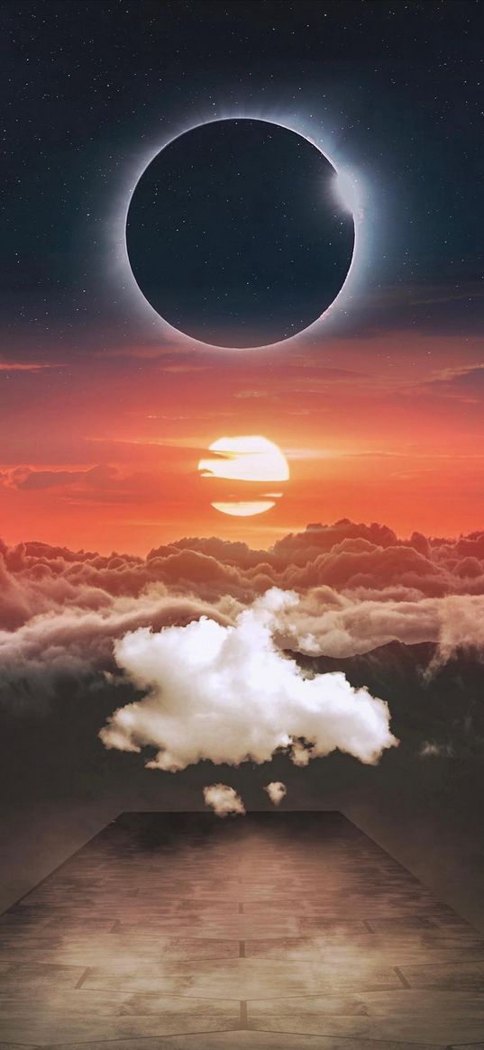 platform, clouds, sun, sunset, eclipse, sky, stars, fantasy