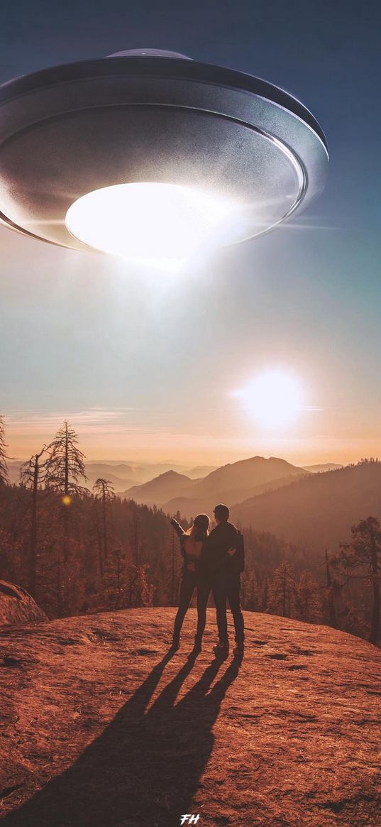 couple, ufo, hill, trees, forest, mountains, sunset, sun, sky, nature, fantasy