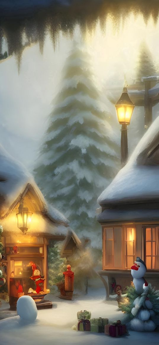 new year, christmas, snow, houses, tree, ai