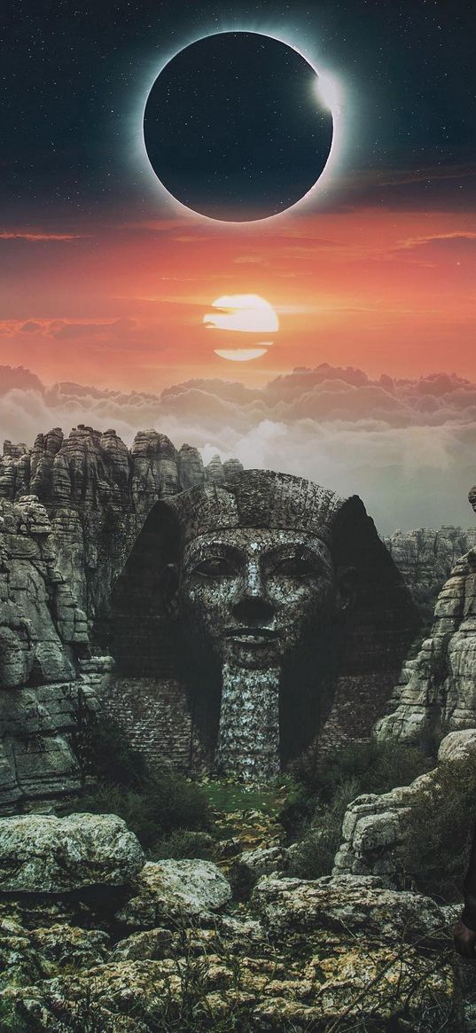 sphinx, statue, rocks, stones, clouds, sun, sunset, eclipse, fantasy