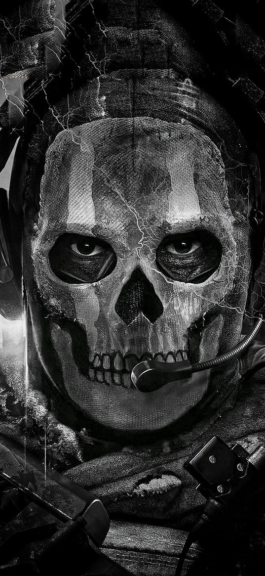 ghost, call of duty, game, soldier, special forces, mask, skull, headphones, microphone, black and white, art