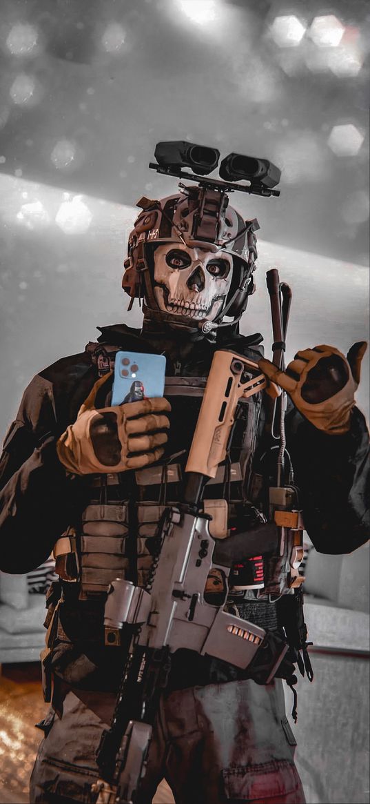 ghost, call of duty, game, soldier, special forces, mask, skull, rifle, weapon, smartphone, selfie, art