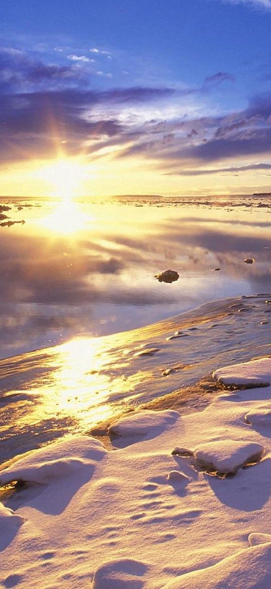 sun, river, dawn, stones, snow