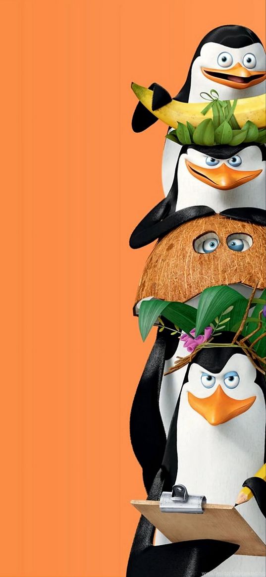 penguins, madagascar, cartoon, squad, disguise, orange background, art