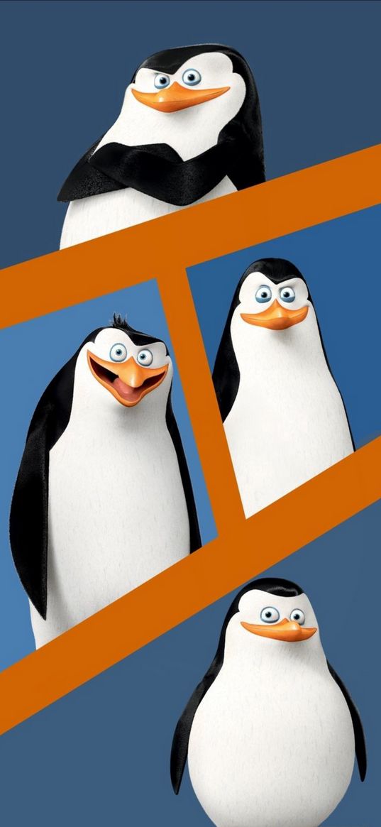 penguins, madagascar, cartoon, squad, collage, orange, blue, art