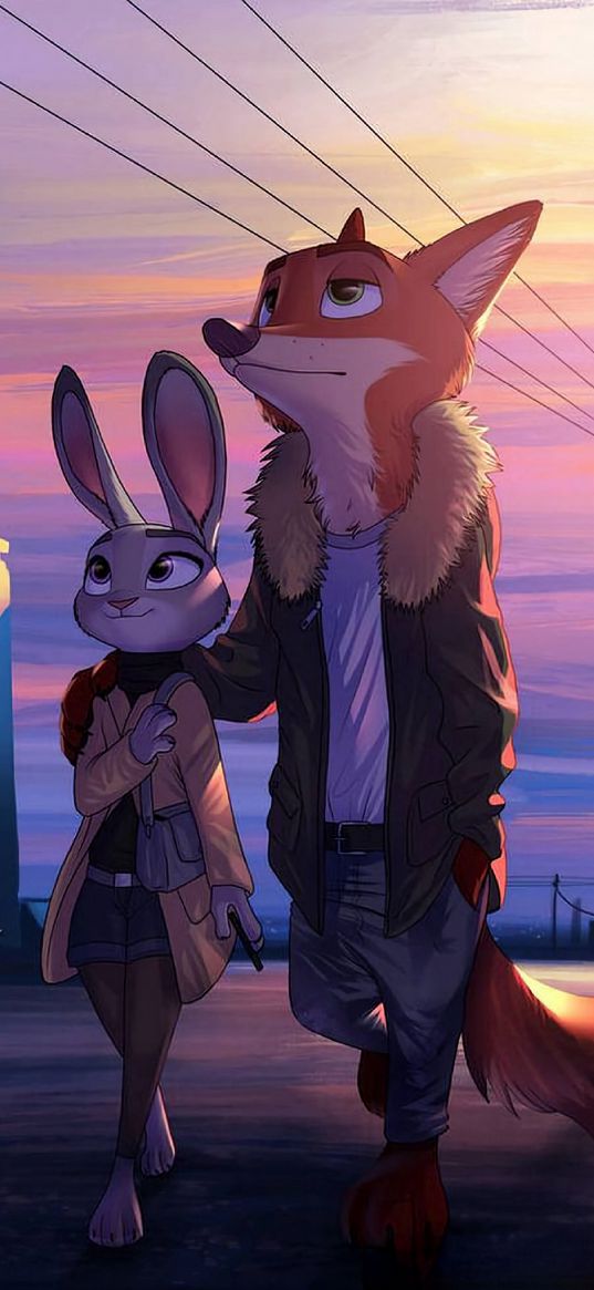 nick wilde, judy hopps, zootopia, cartoon, rabbit, fox, couple, walk, houses, sunset, art