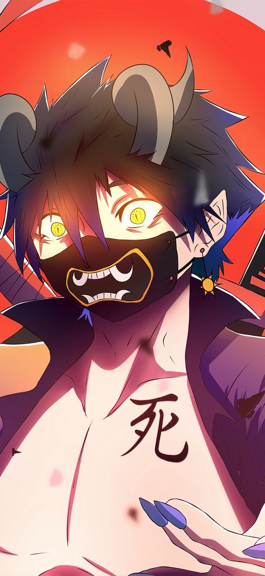 demon, guy, mask, katana, art, artwork, yellow eyes, anime boy