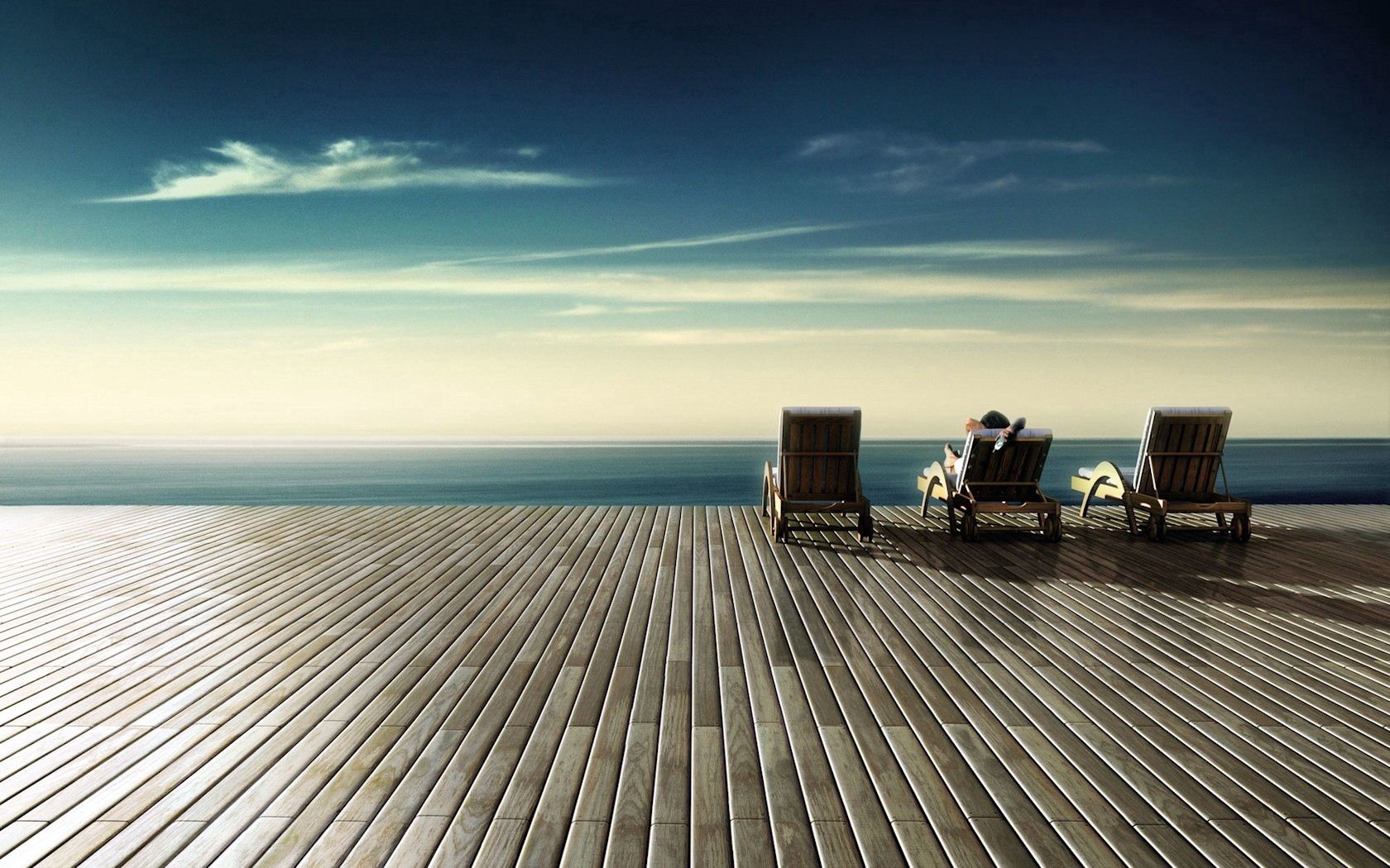 chairs, wood floor, rest, sky, shore